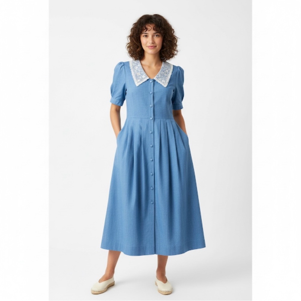 Vintage Laura Ashley Chambray Prairie Dress Lace Peter Pan Collar Blue Size 10 - Picture 3 of 16